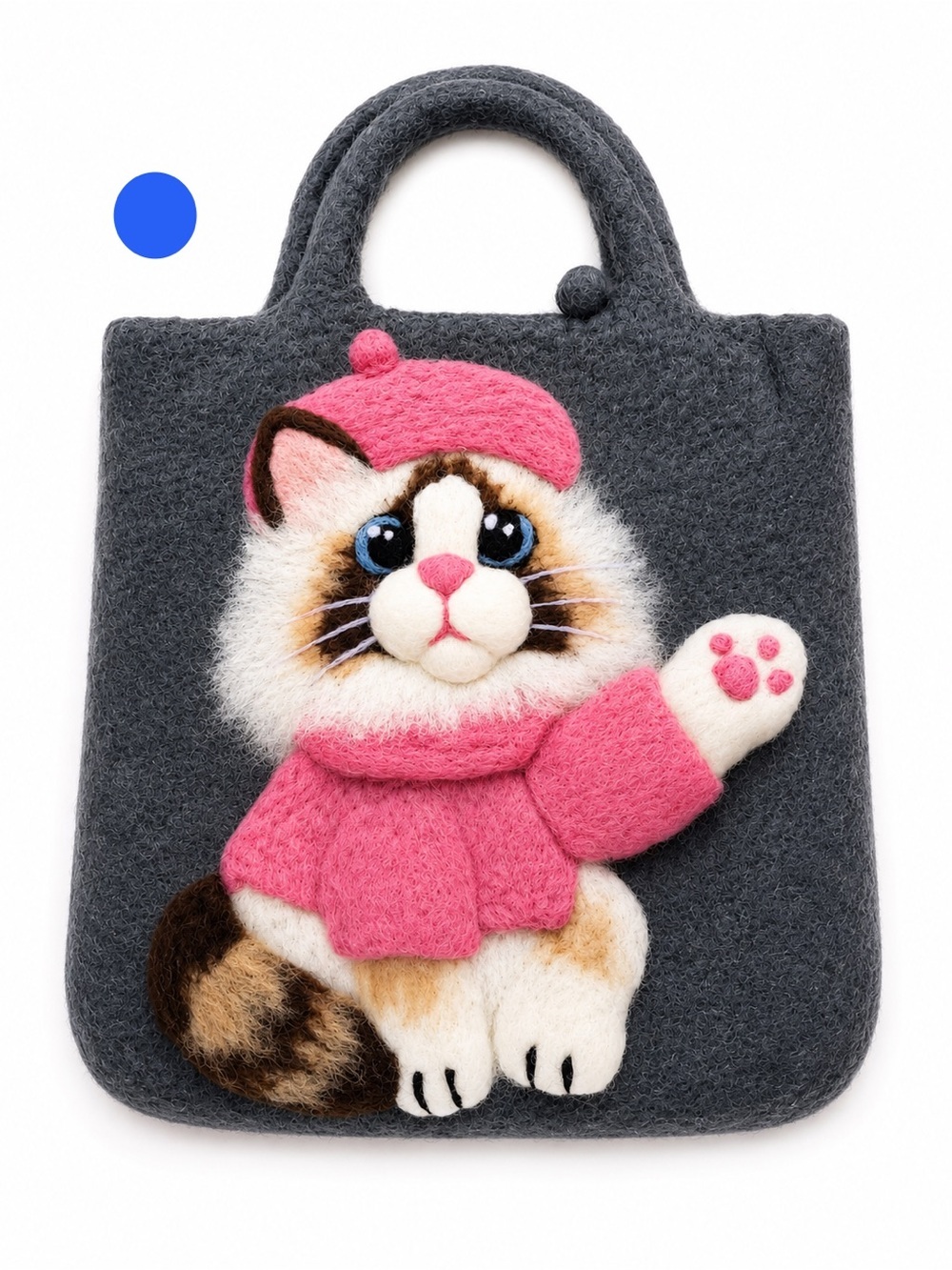 Handmade Felted Wool Cat Tote Bag Art Purse One of a Kind Gray Pink